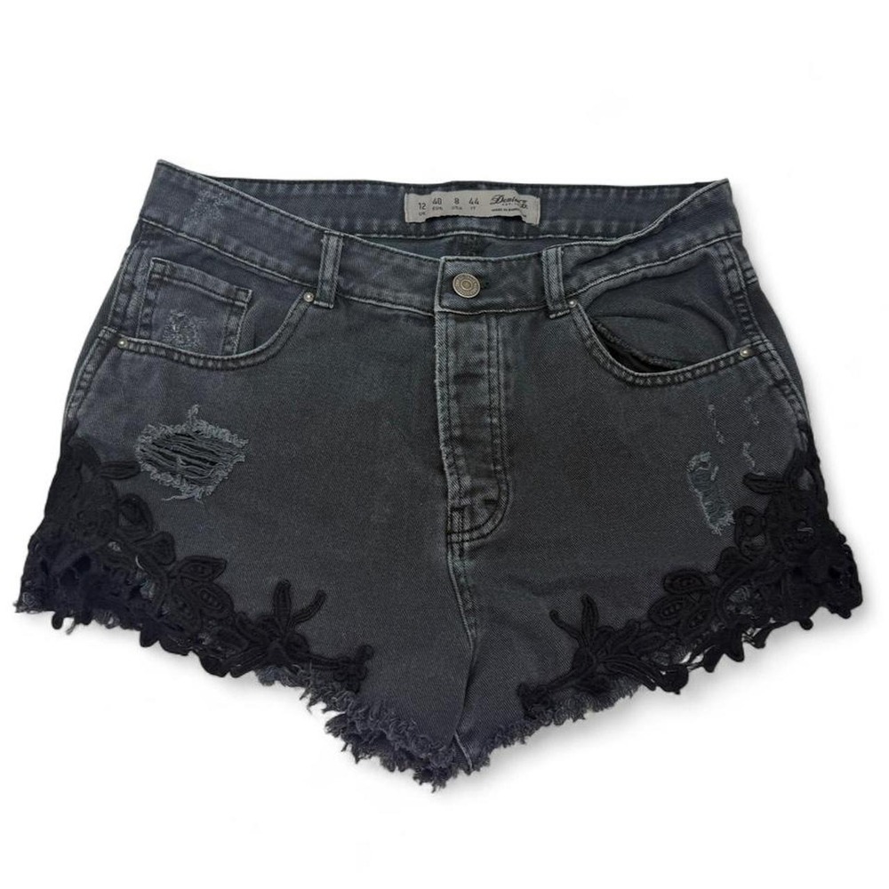 Denim Co. Black Distressed Floral Crochet Lace Denim Shorts (US Size 8)